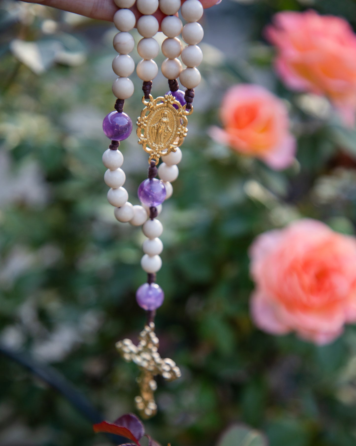 Wood Agate and Amethyst Rosary