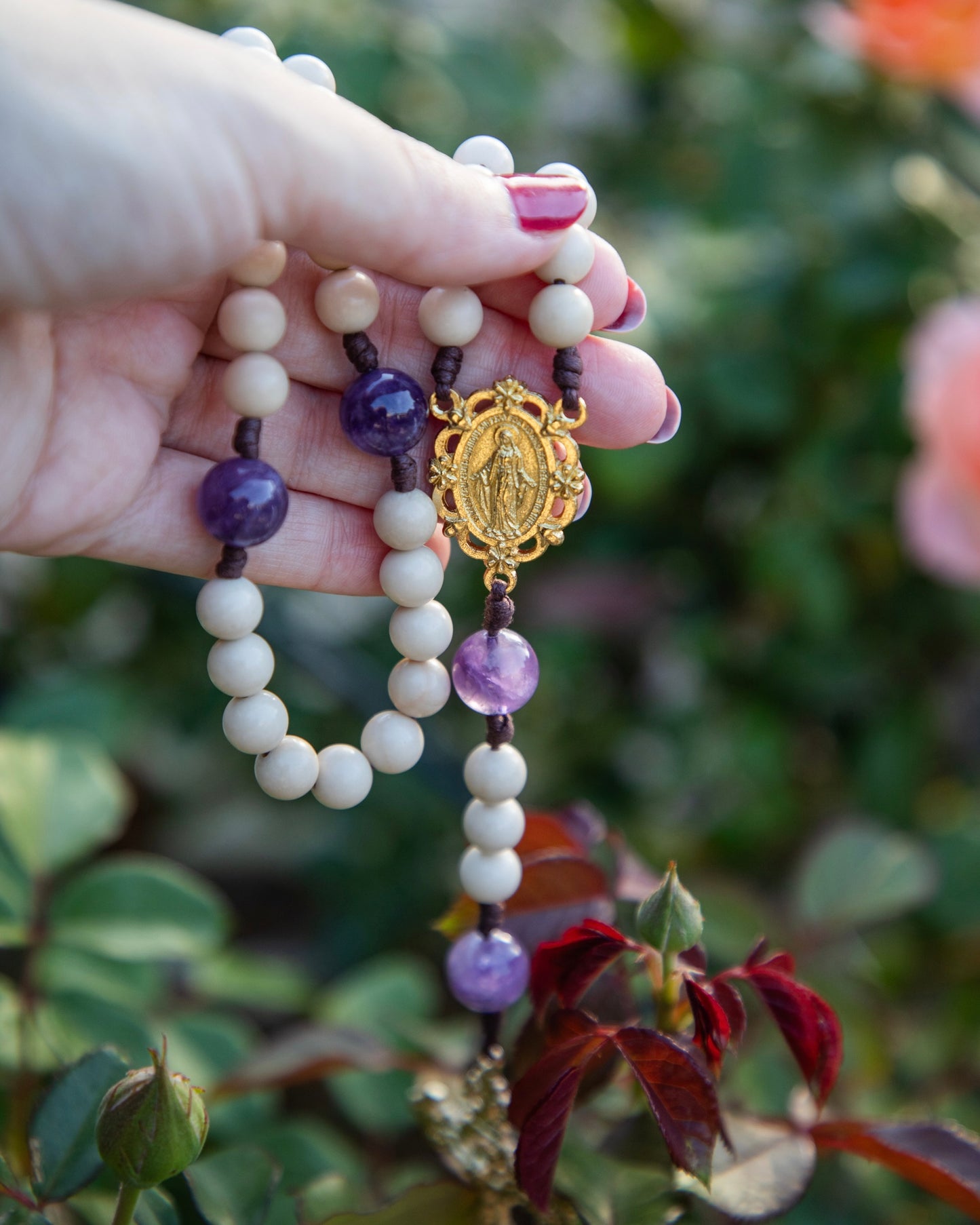 Wood Agate and Amethyst Rosary