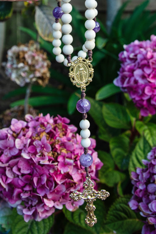 Wood Agate and Amethyst Rosary