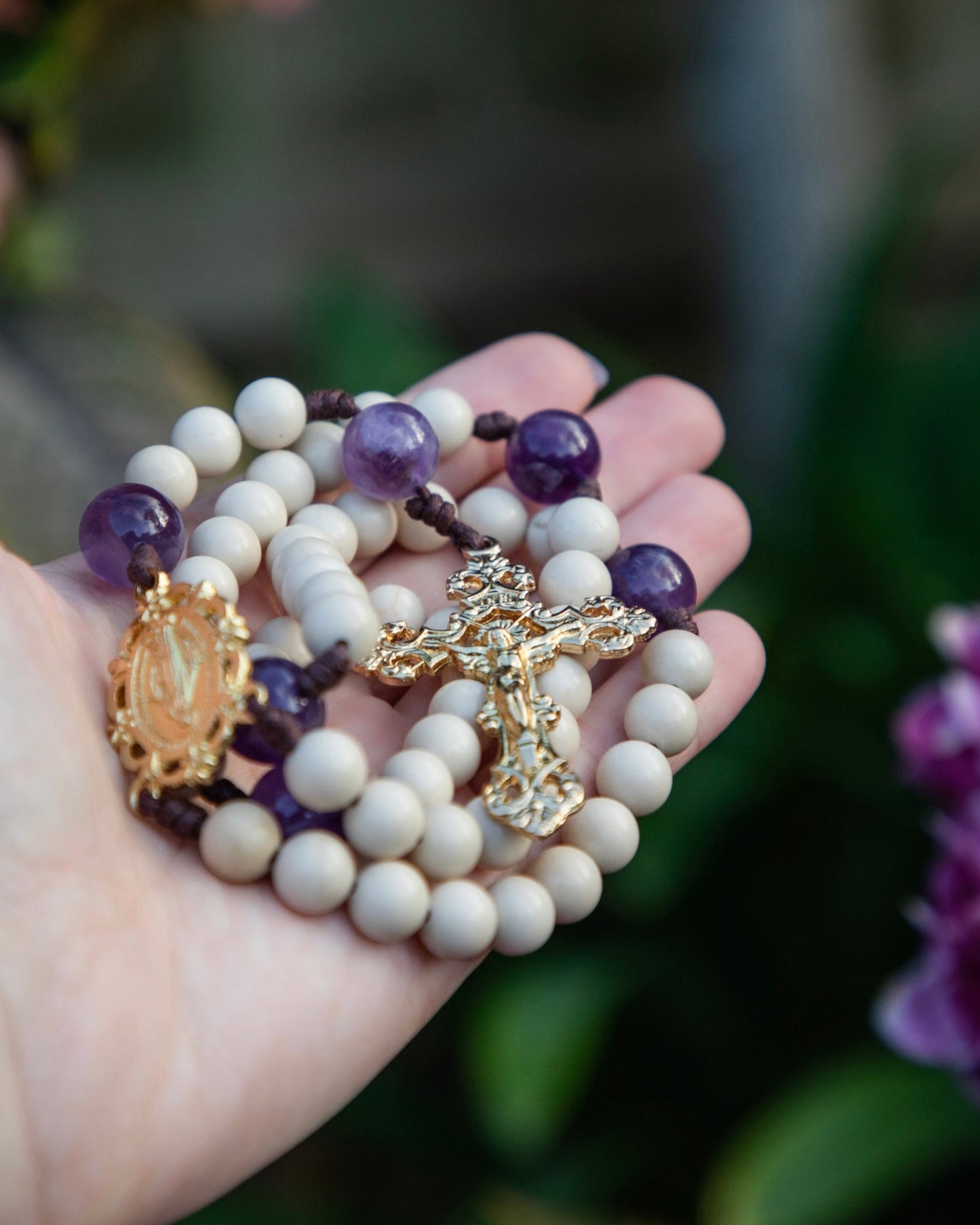 Wood Agate and Amethyst Rosary